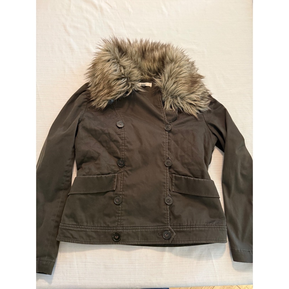Ann Taylor Loft Brown Faux Fur Collar Quilted Double Breasted Utility Jacket M